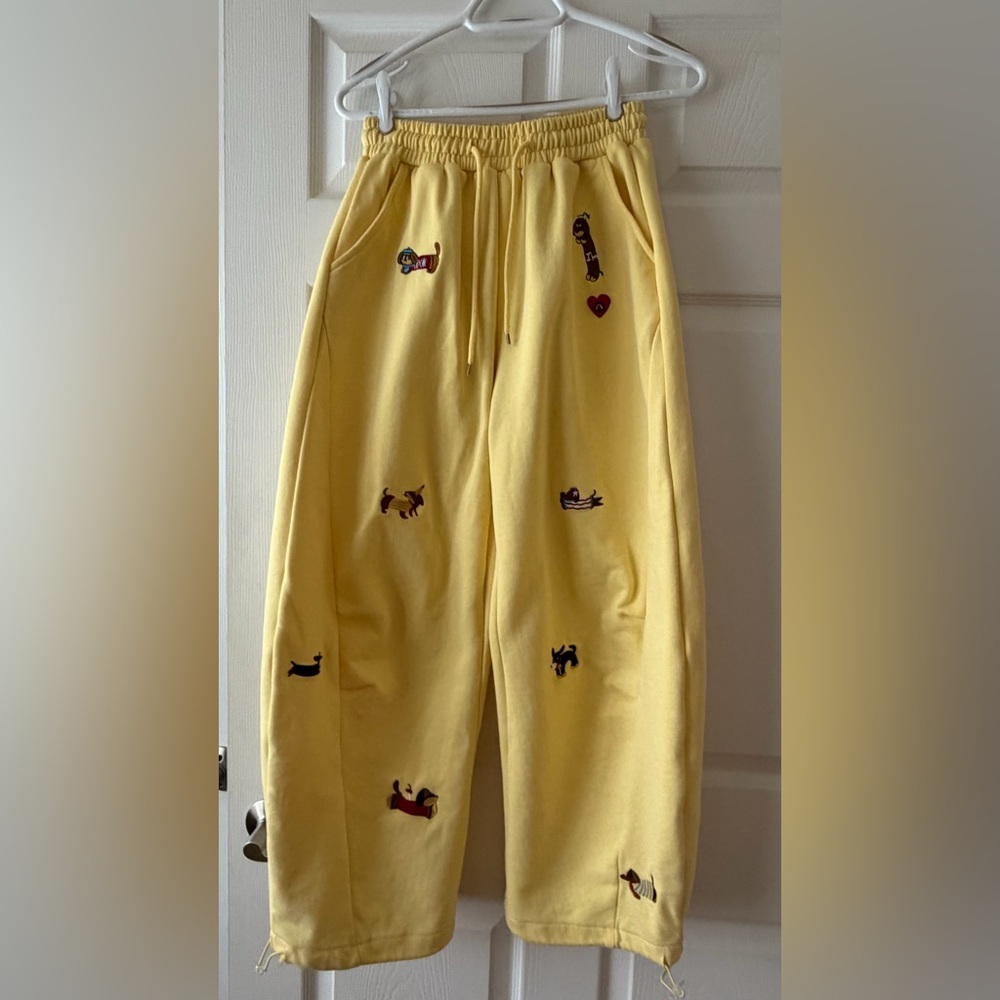Yellow Embroidered Cartoon Sweatpants